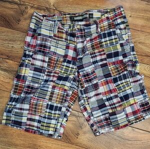 Old Navy Men's Patchwork Plaid Cargo Shorts - Red, Navy, Yellow, Cream, Size 33